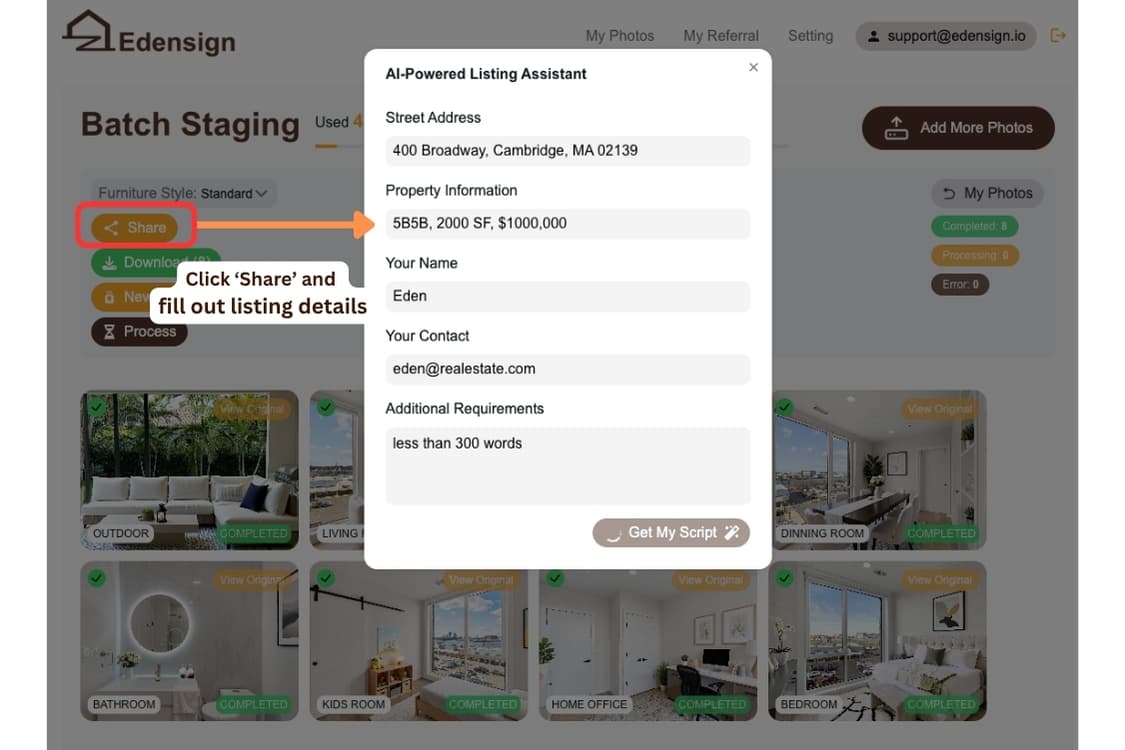 Tap 'Share' and enter listing details